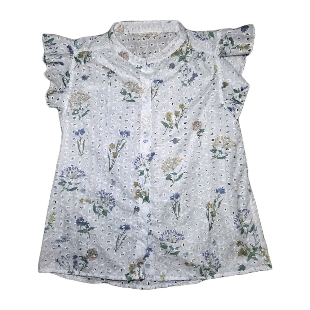 Adiva White‎ Eyelet Floral Blouse Short Sleeve Women's Small